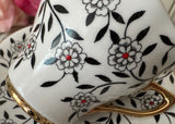 Vintage Black Floral Vine Teacup & Saucer Rosina Bone China England