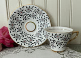 Vintage Black Floral Vine Teacup & Saucer Rosina Bone China England