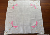 Vintage Embroidered Pink Blue Rosebud Orange Polka Dot Linen Handkerchief - The Pink Rose Cottage 