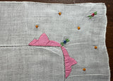 Vintage Embroidered Pink Blue Rosebud Orange Polka Dot Linen Handkerchief - The Pink Rose Cottage 