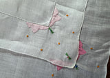 Vintage Embroidered Pink Blue Rosebud Orange Polka Dot Linen Handkerchief - The Pink Rose Cottage 