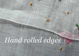 Vintage Embroidered Pink Blue Rosebud Orange Polka Dot Linen Handkerchief - The Pink Rose Cottage 