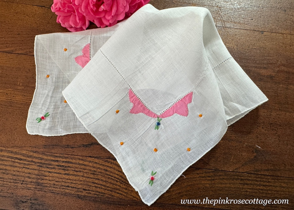 Vintage Embroidered Pink Blue Rosebud Orange Polka Dot Linen Handkerchief - The Pink Rose Cottage 