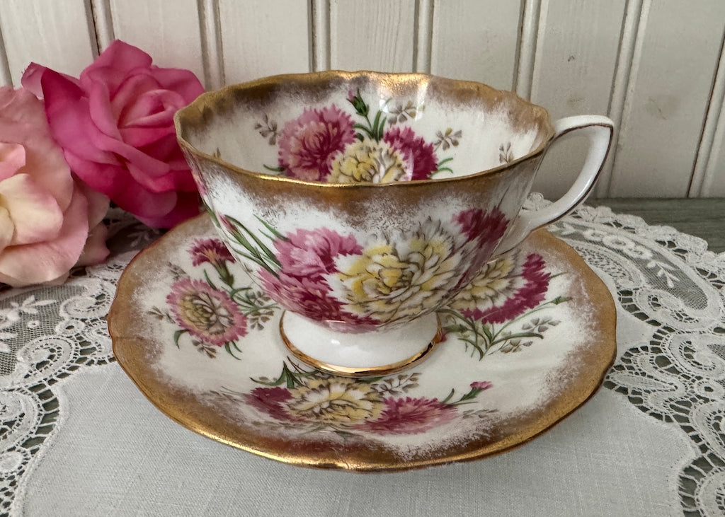 Vintage Adderley Teacup and Saucer Pink Yellow Carnations Gold Gilt
