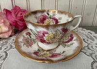 Vintage Adderley Teacup and Saucer Pink Yellow Carnations Gold Gilt