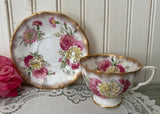 Vintage Adderley Teacup and Saucer Pink Yellow Carnations Gold Gilt