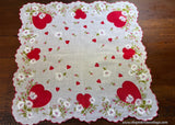 Vintage Red Heart White Daisy Pink Rosebud Valentine's Day Handkerchief