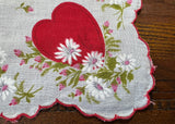 Vintage Red Heart White Daisy Pink Rosebud Valentine's Day Handkerchief