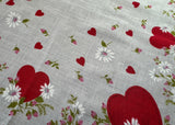Vintage Red Heart White Daisy Pink Rosebud Valentine's Day Handkerchief