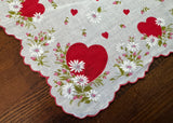 Vintage Red Heart White Daisy Pink Rosebud Valentine's Day Handkerchief