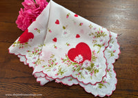 Vintage Red Heart White Daisy Pink Rosebud Valentine's Day Handkerchief
