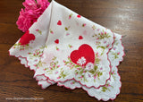 Vintage Red Heart White Daisy Pink Rosebud Valentine's Day Handkerchief