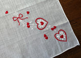Vintage Embroidered Valentine's Day Red Hearts Daisy and Bow Handkerchief
