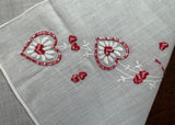 Vintage Embroidered Valentine's Day Red Hearts Daisy and Bow Handkerchief