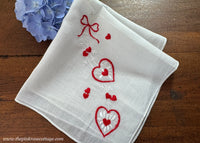 Vintage Embroidered Valentine's Day Red Hearts Daisy and Bow Handkerchief