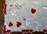 Vintage Red Heart White Dove Pink Roses Ribbon Valentine's Handkerchief