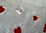 Vintage Red Heart White Dove Pink Roses Ribbon Valentine's Handkerchief