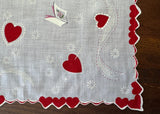 Vintage Red Heart White Dove Pink Roses Ribbon Valentine's Handkerchief