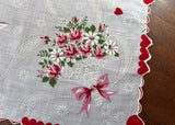Vintage Red Heart White Dove Pink Roses Ribbon Valentine's Handkerchief