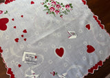 Vintage Red Heart White Dove Pink Roses Ribbon Valentine's Handkerchief