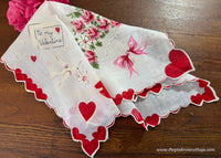 Vintage Red Heart White Dove Pink Roses Ribbon Valentine's Handkerchief