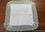 Vintage Linen Net Lace Embroidered Green Petite Flowers Handkerchief