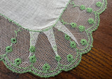Vintage Linen Net Lace Embroidered Green Petite Flowers Handkerchief
