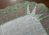 Vintage Linen Net Lace Embroidered Green Petite Flowers Handkerchief
