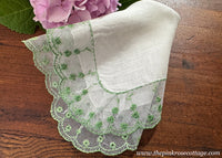 Vintage Linen Net Lace Embroidered Green Petite Flowers Handkerchief