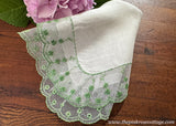 Vintage Linen Net Lace Embroidered Green Petite Flowers Handkerchief