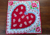 Vintage Red Heart Blue Forget Me Not Pink Rose Valentine's Day Handkerchief