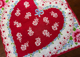 Vintage Red Heart Blue Forget Me Not Pink Rose Valentine's Day Handkerchief