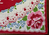 Vintage Red Heart Blue Forget Me Not Pink Rose Valentine's Day Handkerchief