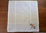 Vintage Embroidered Red White Christmas Bells and Holly Handkerchief
