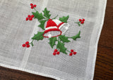 Vintage Embroidered Red White Christmas Bells and Holly Handkerchief