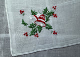 Vintage Embroidered Red White Christmas Bells and Holly Handkerchief