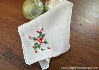 Vintage Embroidered Red White Christmas Bells and Holly Handkerchief