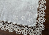 Vintage Embroidered White Snowflake Irish Linen Handkerchief Tatting Lace Edge