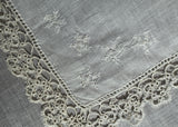 Vintage Embroidered White Snowflake Irish Linen Handkerchief Tatting Lace Edge