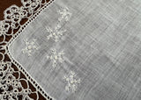 Vintage Embroidered White Snowflake Irish Linen Handkerchief Tatting Lace Edge