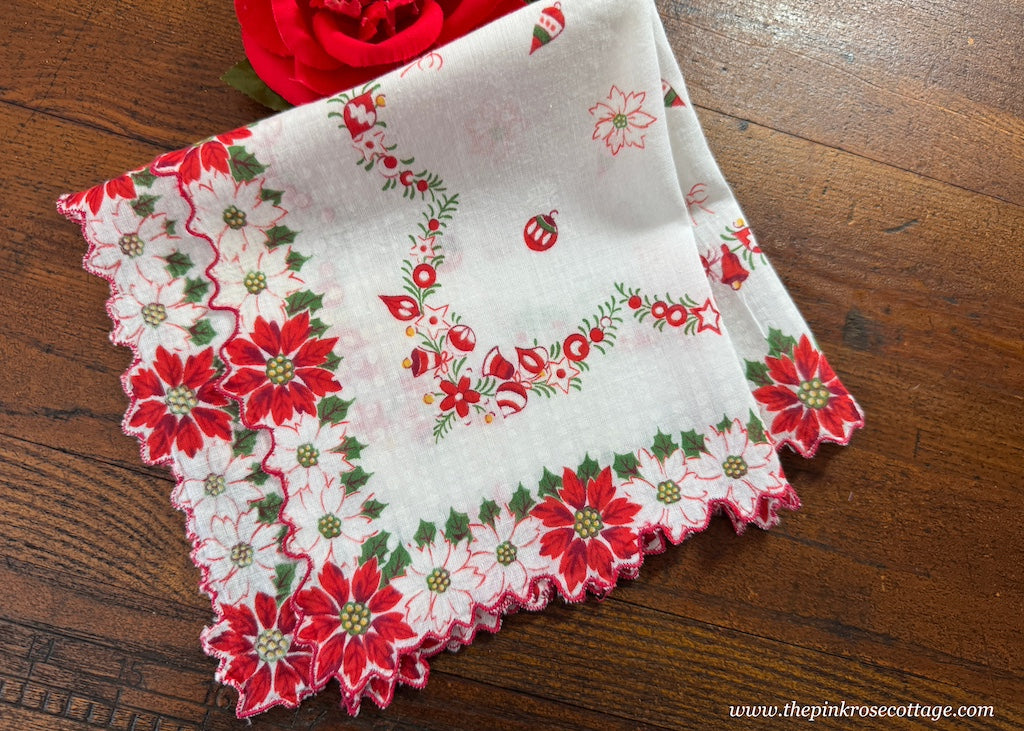 Vintage Red White Poinsettia & Ornament Garland Christmas Handkerchief - The Pink Rose Cottage 