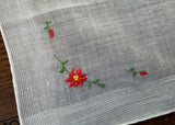 Vintage Embroidered Red Poinsettia Christmas Handkerchief