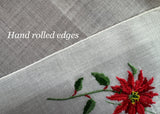 Vintage Embroidered Red Poinsettia Christmas Handkerchief