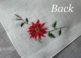 Vintage Embroidered Red Poinsettia Christmas Handkerchief