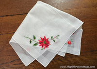 Vintage Embroidered Red Poinsettia Christmas Handkerchief