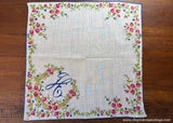 Vintage Pink Rose Blue Forget Me Not Horseshoe Monogram H Handkerchief