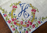 Vintage Pink Rose Blue Forget Me Not Horseshoe Monogram H Handkerchief