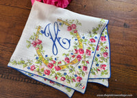 Vintage Pink Rose Blue Forget Me Not Horseshoe Monogram H Handkerchief