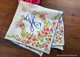 Vintage Pink Rose Blue Forget Me Not Horseshoe Monogram H Handkerchief