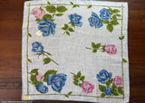 Tagged Vintage Linen Handkerchief Blue and Pink Roses and Rosebuds